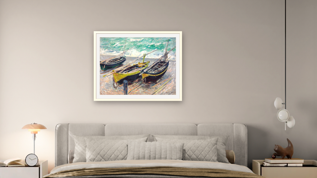 Three Fishing Boats by Claude Monet, shown at 32 × 40 in (81.3 × 101.6 cm) in Ramino Opaque White, bedroom