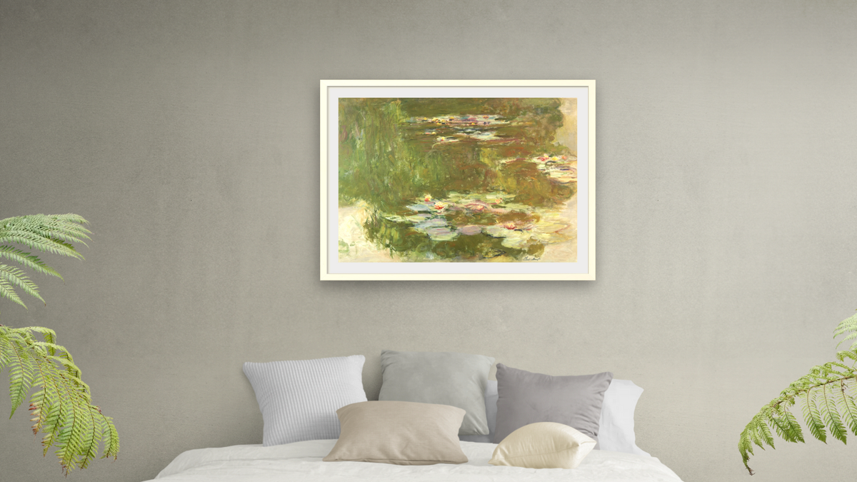 Lily Pond by Claude Monet, shown at 30 × 40 in (76.2 × 101.6 cm) in Ramino Opaque White, bedroom