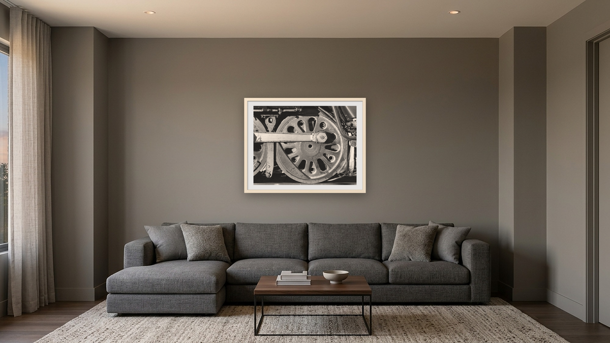 Rear Driver, AT&SF #3751 from the Railroad Series by Gordon Osmundson, shown at 30 × 40 in (76.2 × 101.6 cm) in Ramino Opaque White, media room