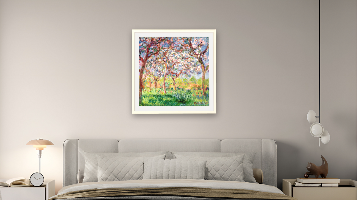 Printemps a Giverny by Claude Monet, shown at 32 × 32 in (81.3 × 81.3 cm) in Ramino Opaque White, bedroom