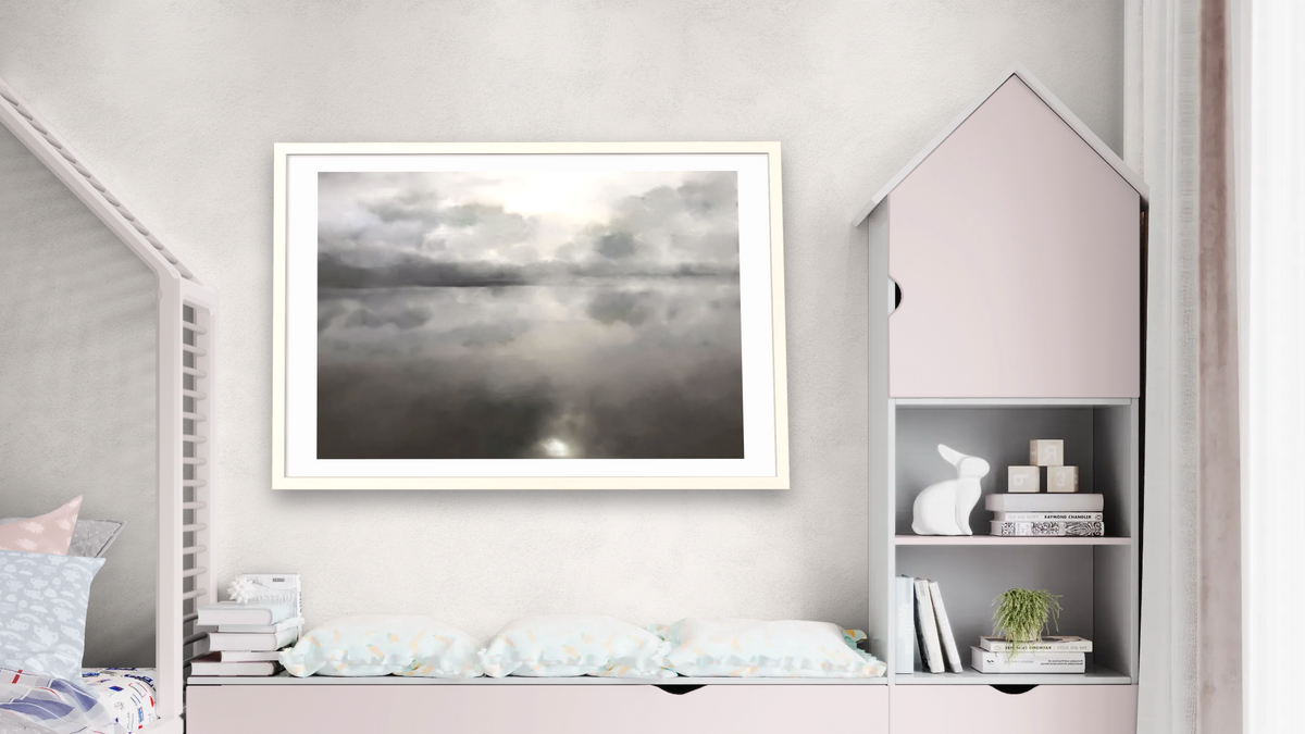 Going Home by Dan Hobday, shown at 28 × 42 in (71.1 × 106.7 cm) in Ramino Opaque White, bedroom