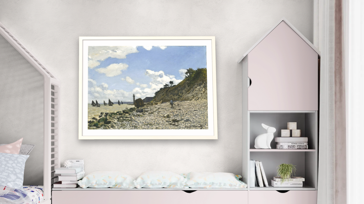 The Beach at Honfleur by Claude Monet, shown at 30 × 40 in (76.2 × 101.6 cm) in Ramino Opaque White, bedroom