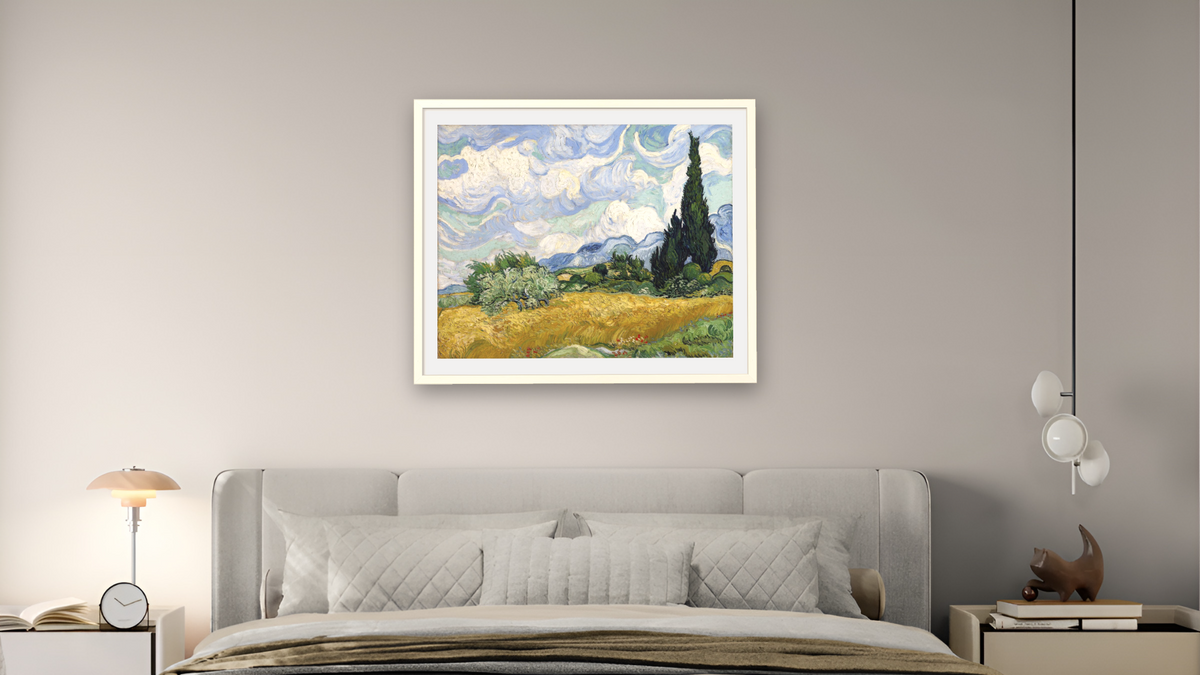 Wheat Field with Cypresses by Vincent van Gogh, shown at 32 × 40 in (81.3 × 101.6 cm) in Ramino Opaque White, bedroom