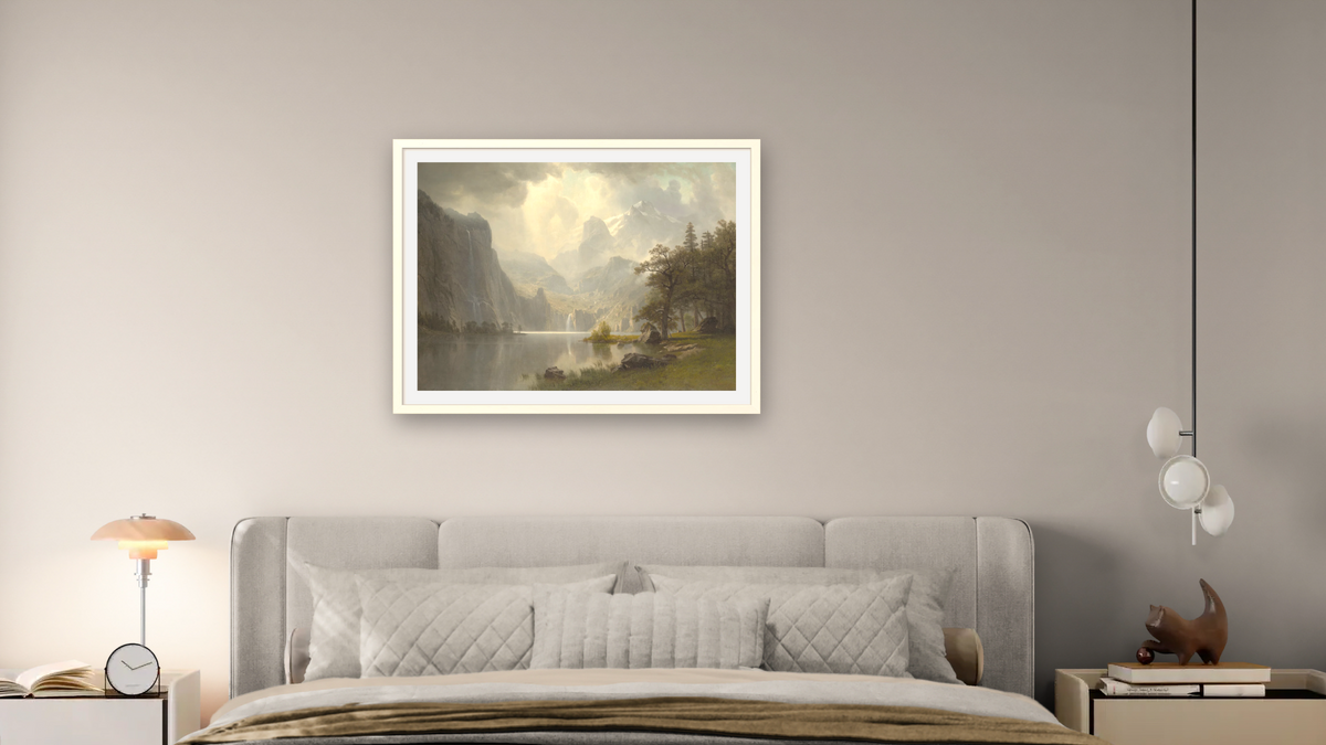 In the Mountains by Albert Bierstadt, shown at 30 × 40 in (76.2 × 101.6 cm) in Ramino Opaque White, bedroom