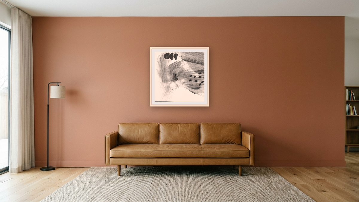 Black White Set 4 by Dan Hobday, shown at 32 × 32 in (81.3 × 81.3 cm) in Ramino Opaque White, media room