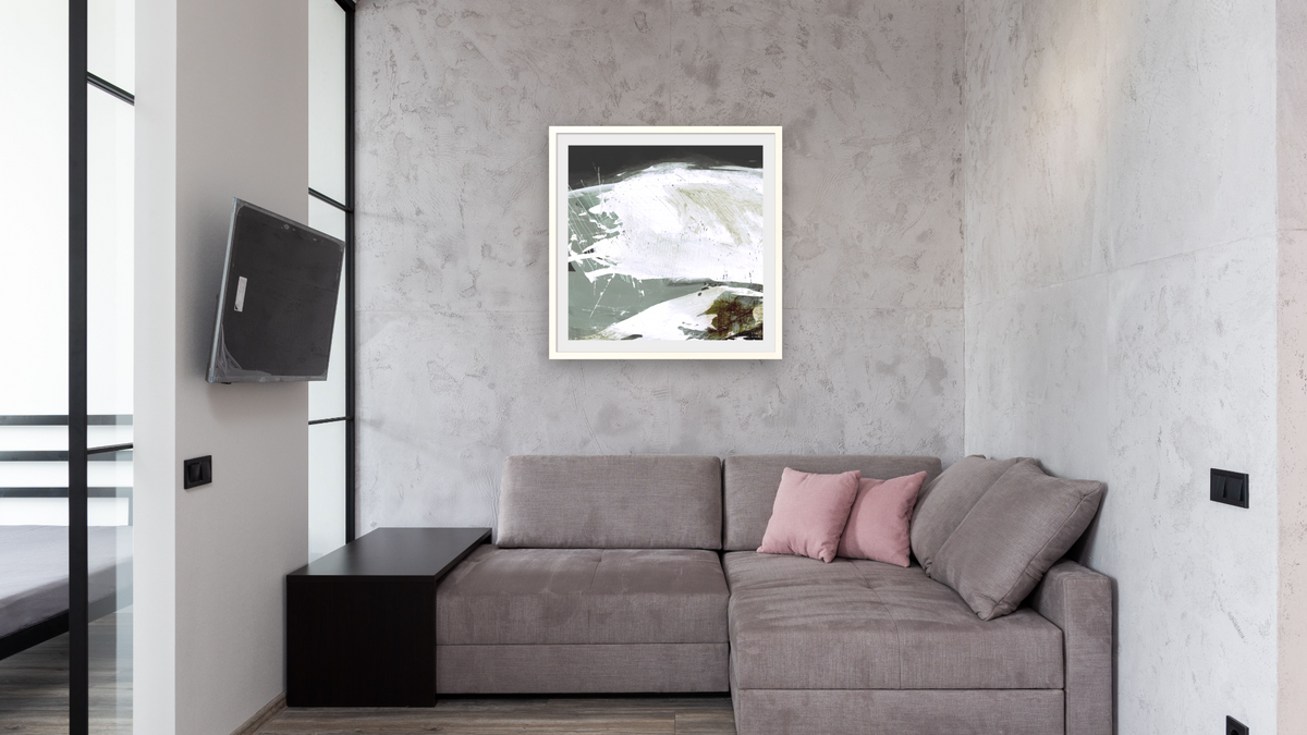 Rested SQ by Dan Hobday, shown at 32 × 32 in (81.3 × 81.3 cm) in Ramino Opaque White, media room