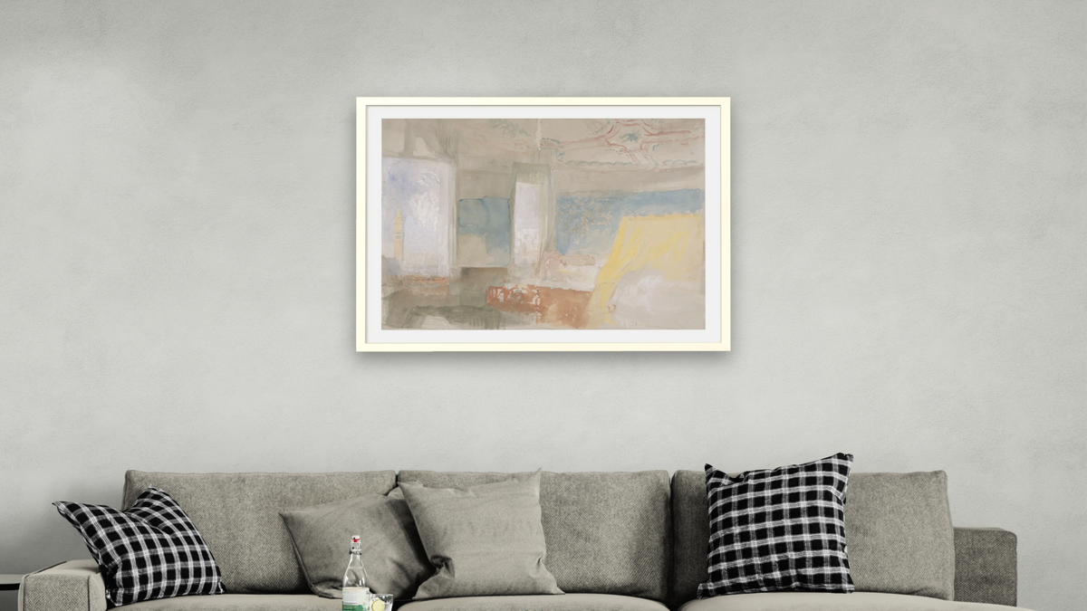 Turner's Bedroom in the Palazzo Giustinian (the Hotel Europa), Venice by Joseph Mallord William Turner, shown at 30 × 40 in (76.2 × 101.6 cm) in Ramino Opaque White, living