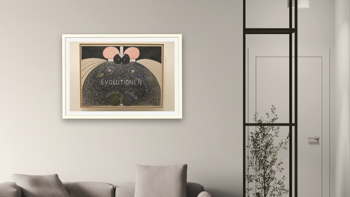 Group VI, Evolution, No. 7 by Hilma af Klint, shown at 28 × 42 in (71.1 × 106.7 cm) in Ramino Opaque White, living