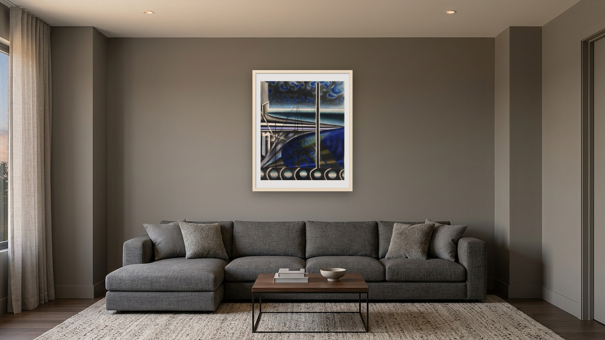 Metropolitan Port by Joseph Stella, shown at 32 × 40 in (81.3 × 101.6 cm) in Ramino Opaque White, media room
