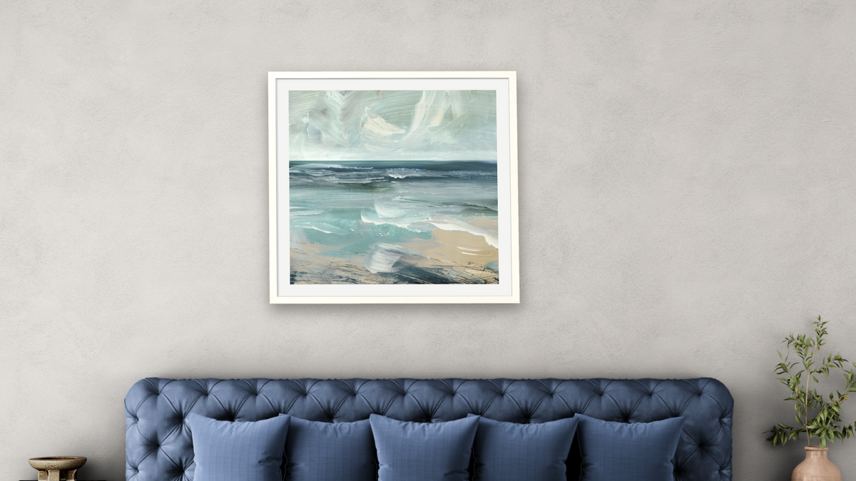 St Ives by Dan Hobday, shown at 32 × 32 in (81.3 × 81.3 cm) in Ramino Opaque White, bedroom