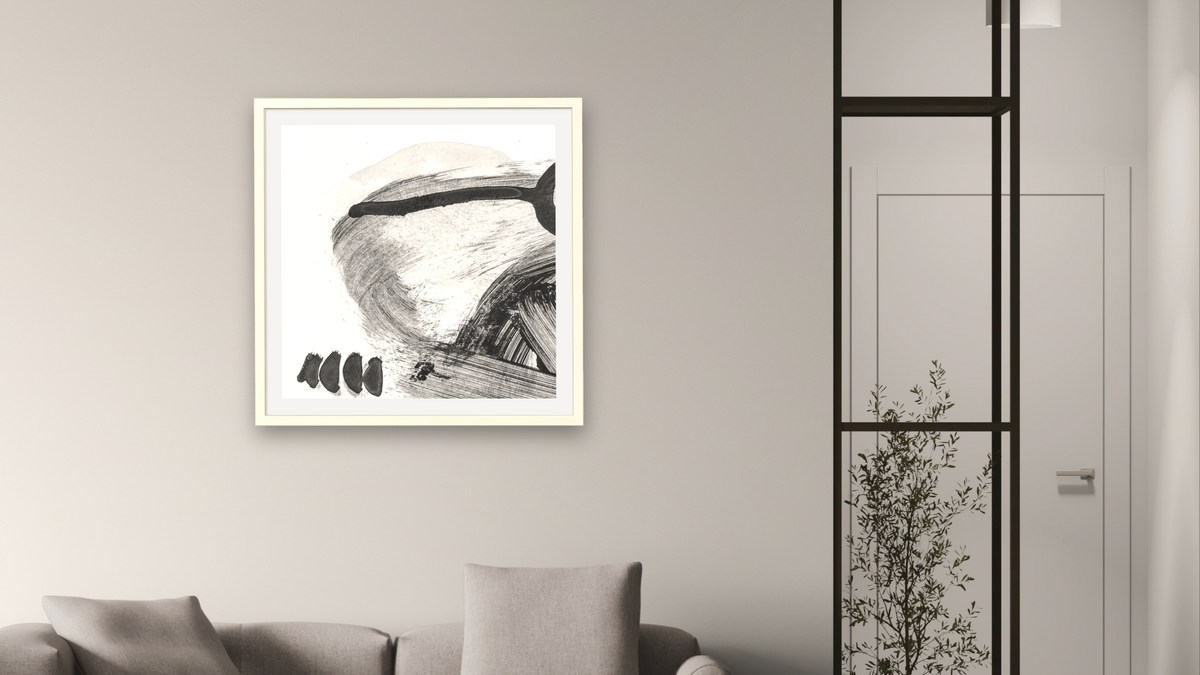 Black White Set 1 by Dan Hobday, shown at 32 × 32 in (81.3 × 81.3 cm) in Ramino Opaque White, living