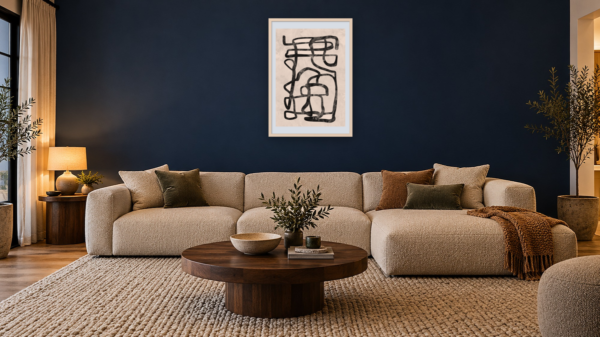 Mono Strokes 2 by Dan Hobday, shown at 28 × 42 in (71.1 × 106.7 cm) in Ramino Opaque White, media room