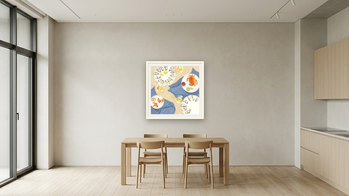 Twenty Oysters by Catherine Gerke, shown at 32 × 32 in (81.3 × 81.3 cm) in Ramino Opaque White, kitchen