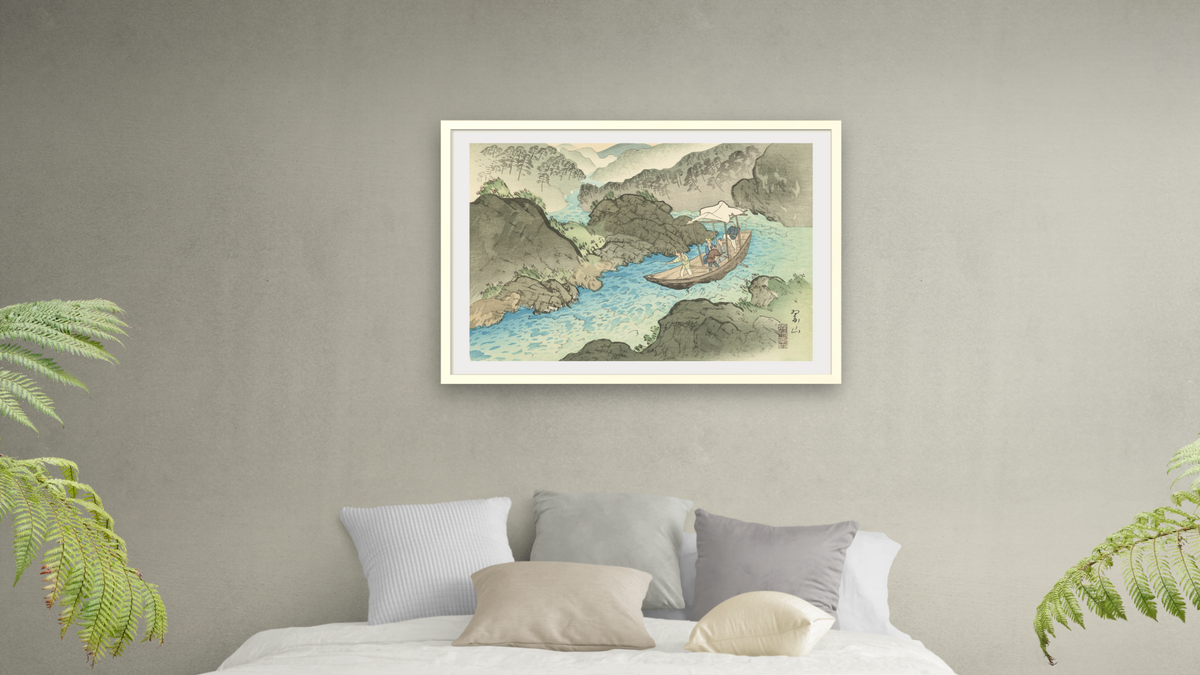 The Hozu Rapids (Shoka no Hozu-gawa) by Miki Suizan, shown at 28 × 42 in (71.1 × 106.7 cm) in Ramino Opaque White, bedroom