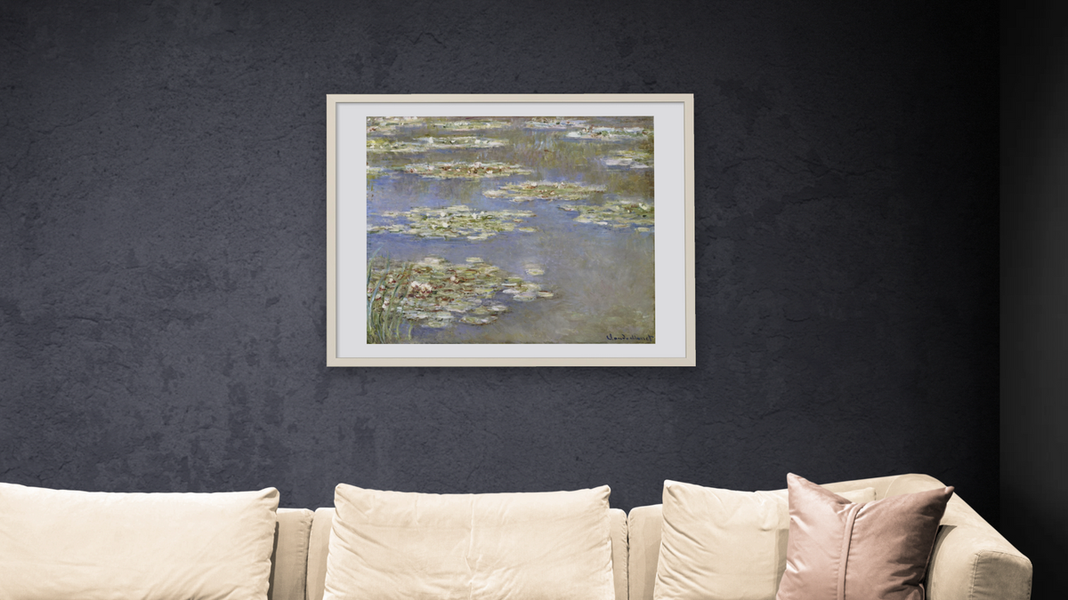 Nympheas by Claude Monet, shown at 32 × 40 in (81.3 × 101.6 cm) in Ramino Opaque White, living