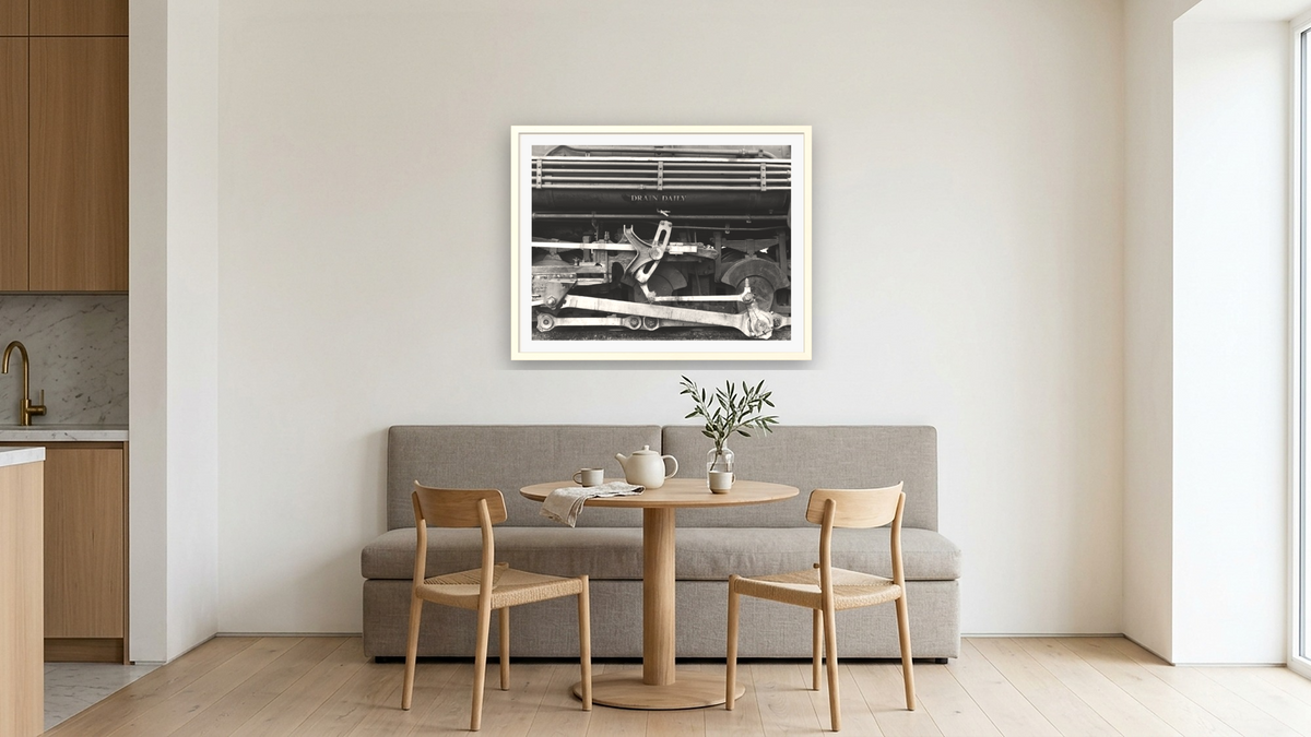 Drain Daily by Gordon Osmundson, shown at 30 × 40 in (76.2 × 101.6 cm) in Ramino Opaque White, kitchen
