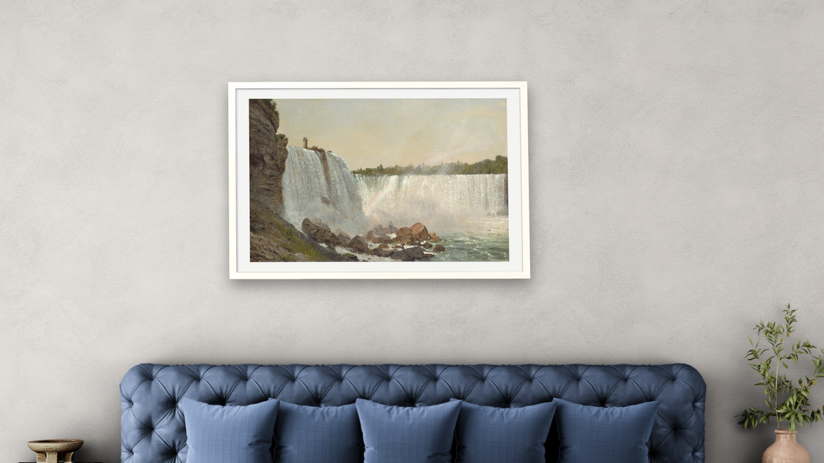 Niagara Falls, 1856 by Frederic Edwin Church, shown at 28 × 42 in (71.1 × 106.7 cm) in Ramino Opaque White, bedroom