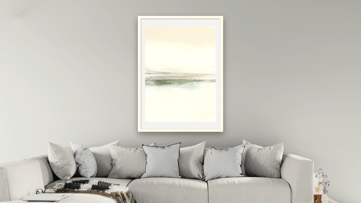 Calm Set 3 by Dan Hobday, shown at 28 × 42 in (71.1 × 106.7 cm) in Ramino Opaque White, living