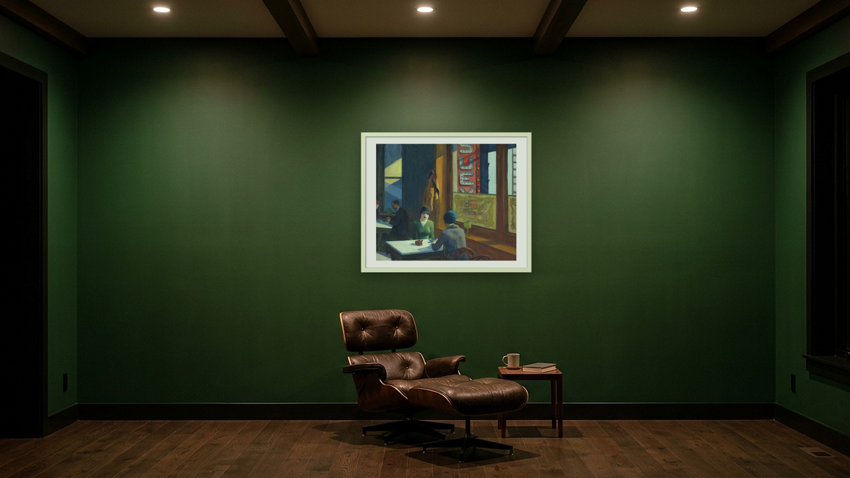 Chop Suey by Edward Hopper, shown at 32 × 40 in (81.3 × 101.6 cm) in Ramino Opaque White, den