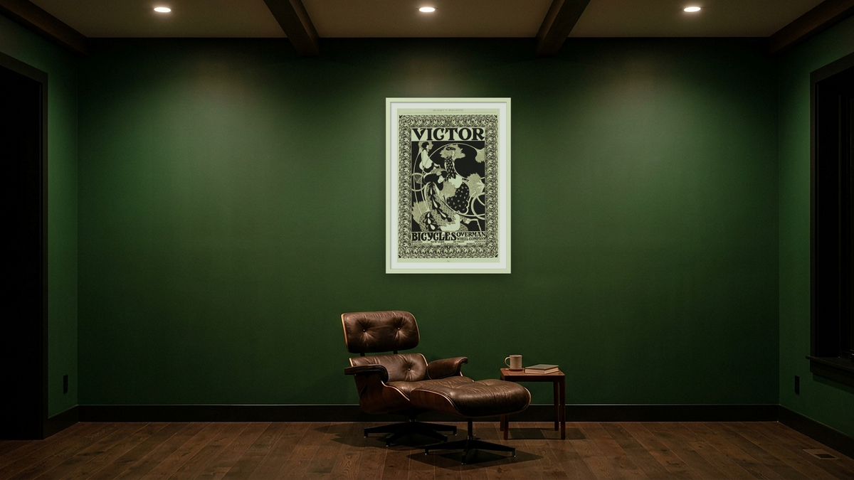 Victor Bicycles Advertisement by William H. Bradley, shown at 28 × 42 in (71.1 × 106.7 cm) in Ramino Opaque White, den