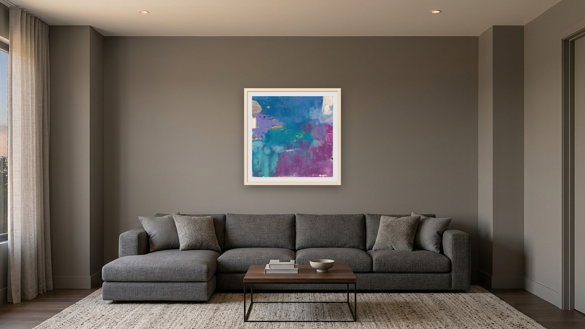 Purple River by Louise Gaskill, shown at 32 × 32 in (81.3 × 81.3 cm) in Ramino Opaque White, media room