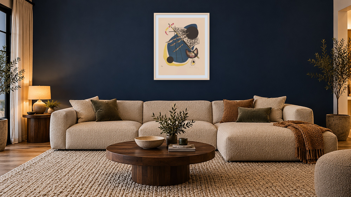 Kleine Welten II (Small Worlds II) by Wassily Kandinsky, shown at 32 × 40 in (81.3 × 101.6 cm) in Ramino Opaque White, media room