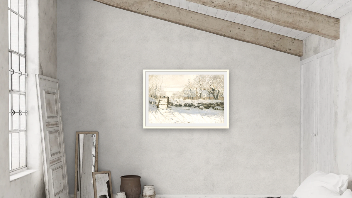 The Magpie by Claude Monet, shown at 28 × 42 in (71.1 × 106.7 cm) in Ramino Opaque White, bedroom