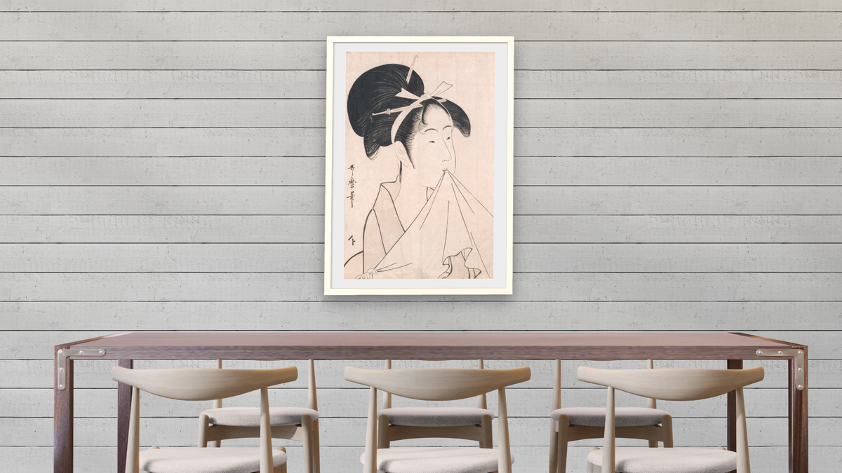 Bust of a Young Girl by Kitagawa Utamaro, shown at 28 × 42 in (71.1 × 106.7 cm) in Ramino Opaque White, dining