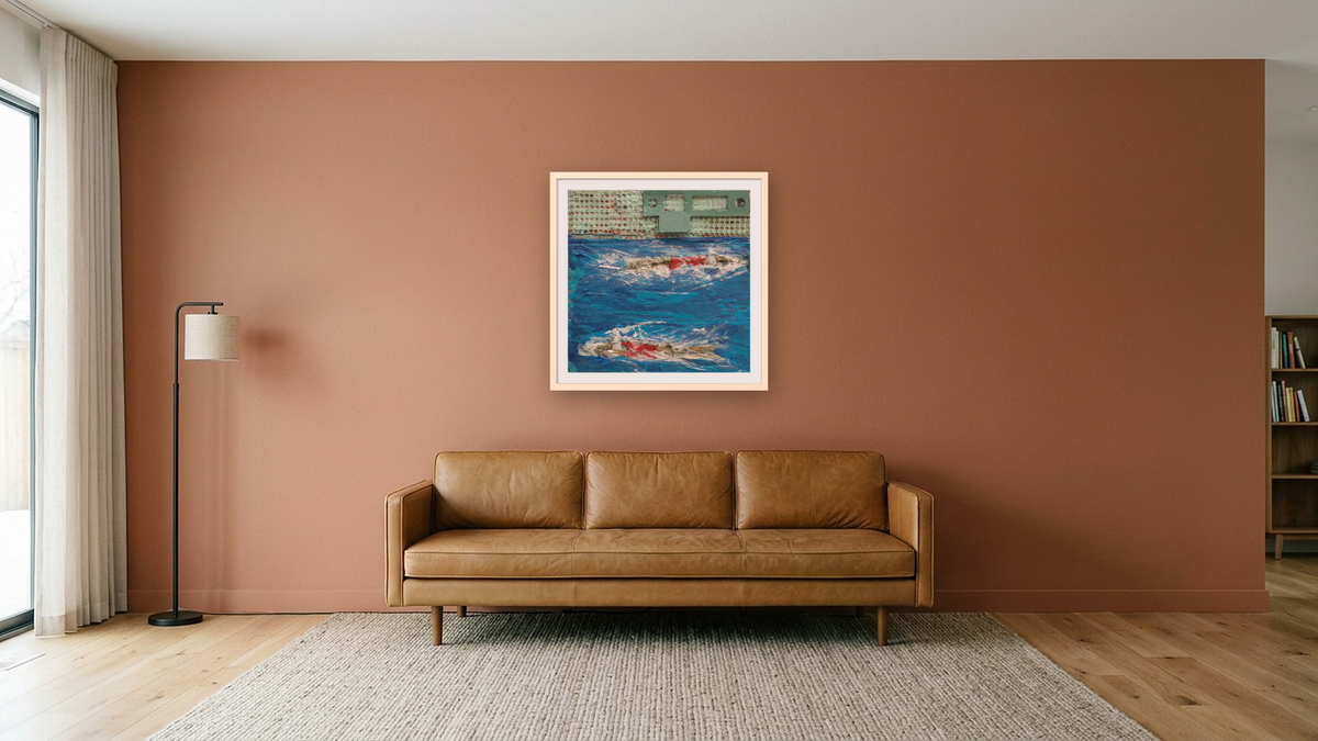 Ships in the Night by Dobee Snowber, shown at 32 × 32 in (81.3 × 81.3 cm) in Ramino Opaque White, media room