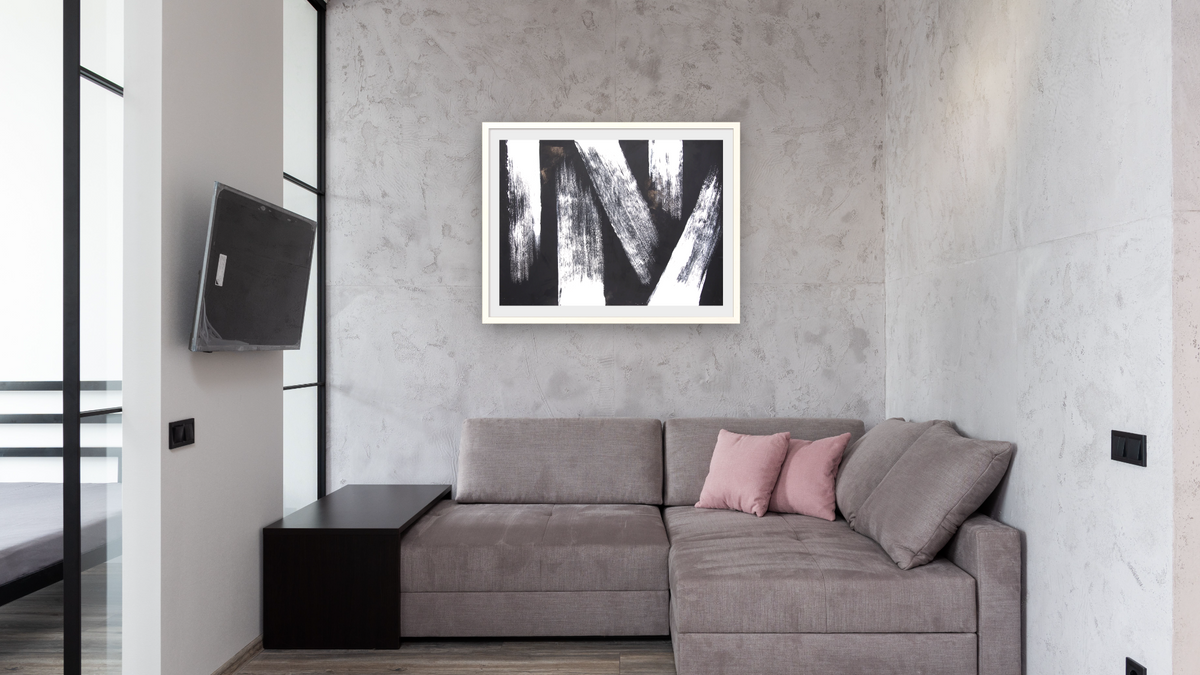 Black and White 6 by Tayt Modern, shown at 30 × 40 in (76.2 × 101.6 cm) in Ramino Opaque White, media room