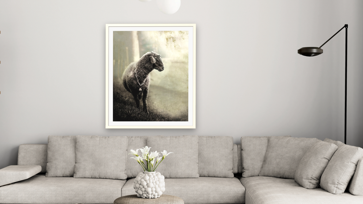 Rusty FH by Brandon Luther, shown at 32 × 40 in (81.3 × 101.6 cm) in Ramino Opaque White, living