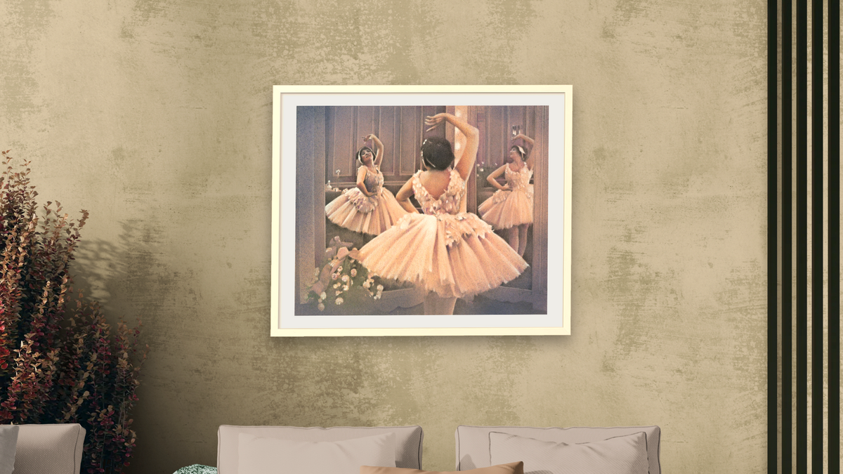 Mirrored Dancer by Kirsten Söderlind, shown at 32 × 40 in (81.3 × 101.6 cm) in Ramino Opaque White, living