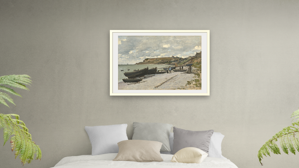 Sainte-Adresse by Claude Monet, shown at 28 × 42 in (71.1 × 106.7 cm) in Ramino Opaque White, bedroom