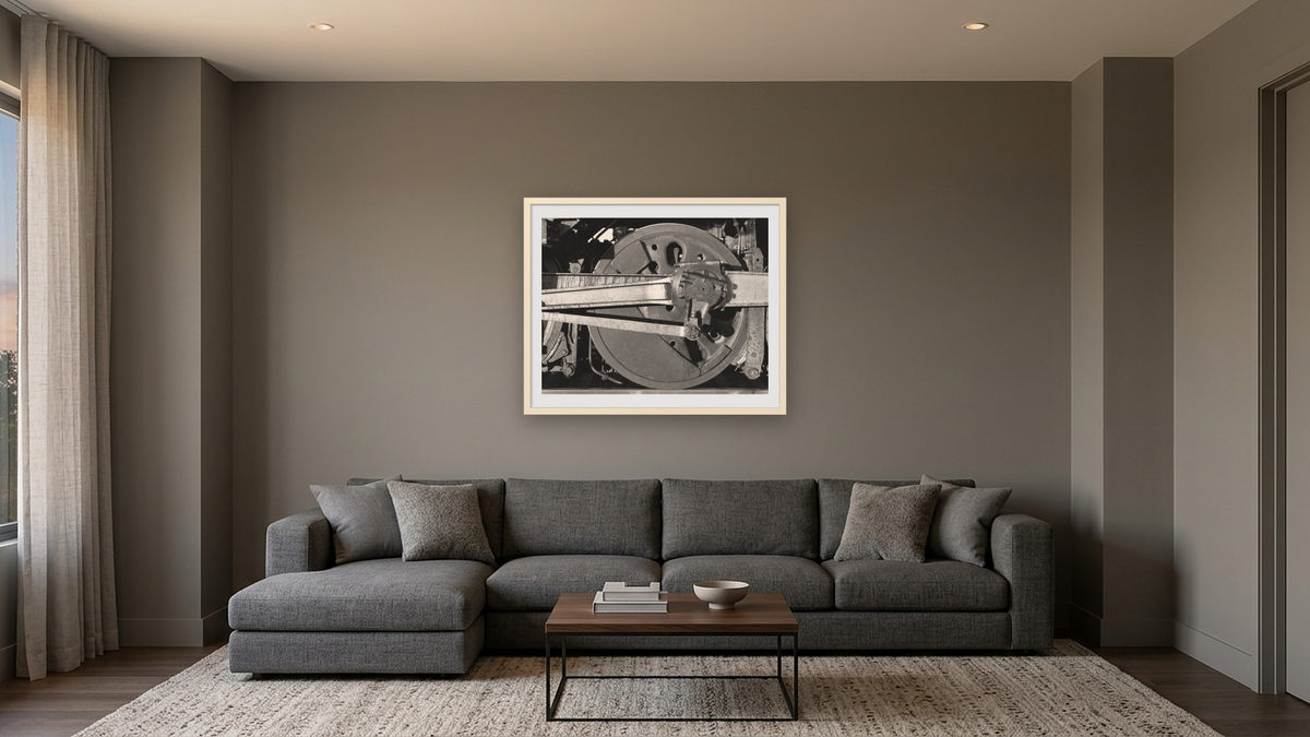 Main Driver, AT&SF #3751 from the Railroad Series by Gordon Osmundson, shown at 32 × 40 in (81.3 × 101.6 cm) in Ramino Opaque White, media room