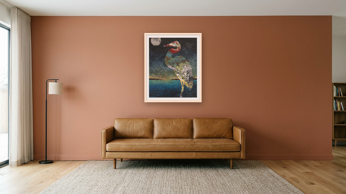 Heron by Corrina Leidy, shown at 32 × 40 in (81.3 × 101.6 cm) in Ramino Opaque White, media room