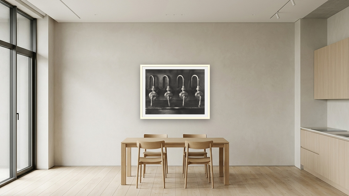 Anchor Steam #3 by Gordon Osmundson, shown at 30 × 40 in (76.2 × 101.6 cm) in Ramino Opaque White, kitchen