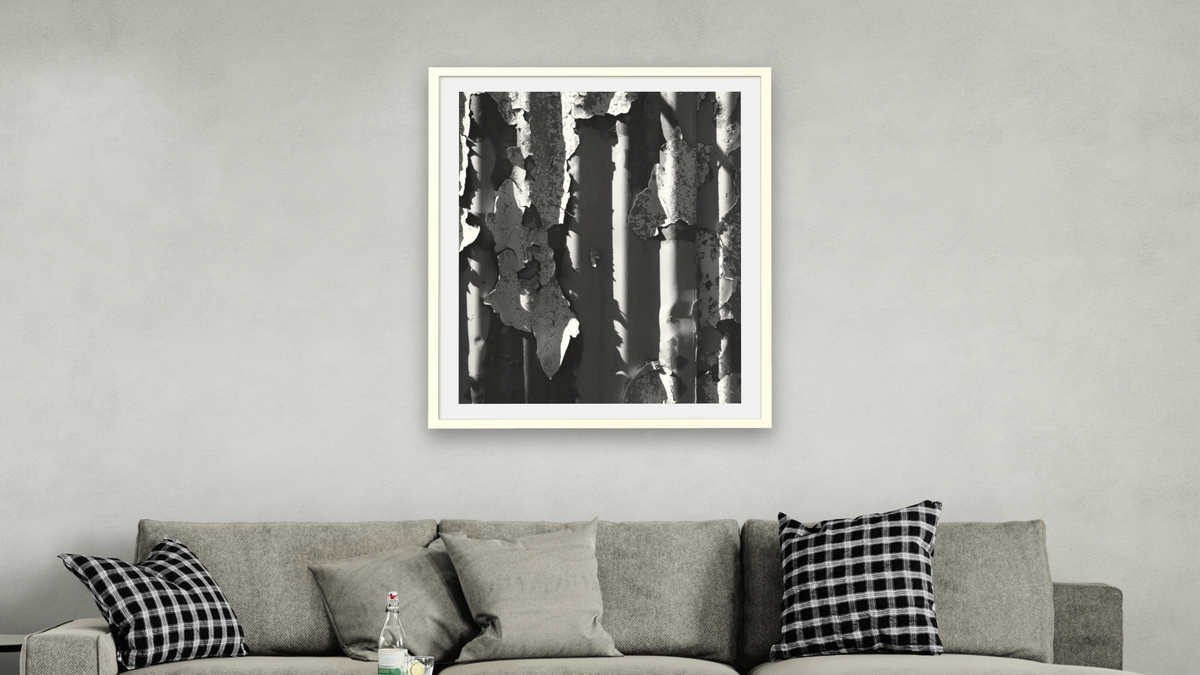 Peeling Corrugation #8 by Gordon Osmundson, shown at 32 × 40 in (81.3 × 101.6 cm) in Ramino Opaque White, living