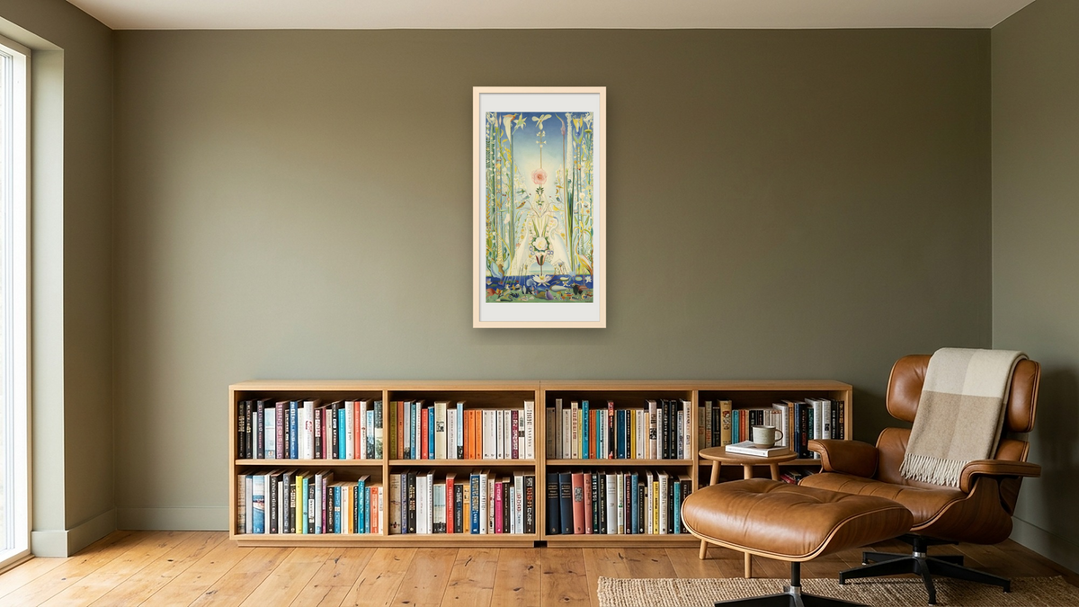 Apotheosis of the Rose by Joseph Stella, shown at 20 × 40 in (50.8 × 101.6 cm) in Ramino Opaque White, library