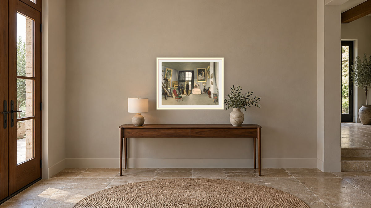 L'Atelier de Bazille, 9 rue de la Condamine a Paris Astruc ou Monet, Manet, Bazille, Edmond Maitre au piano by Frederic Bazille, shown at 30 × 40 in (76.2 × 101.6 cm) in Ramino Opaque White, hallway