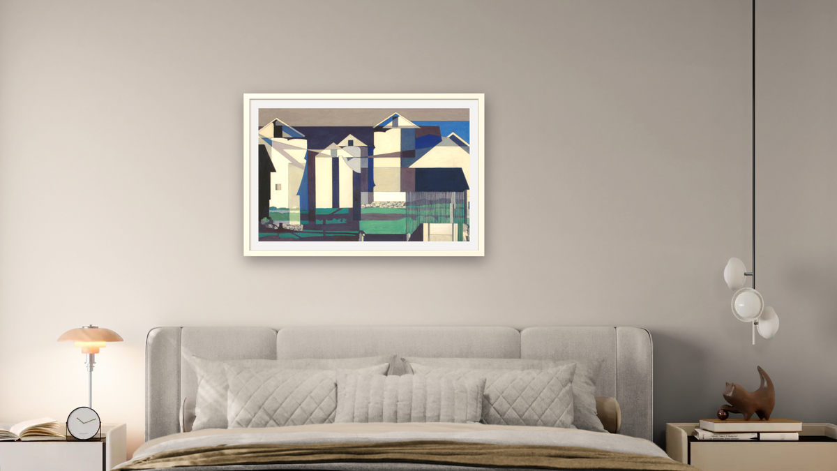 Bucolic Landscape #2, 1958 by Charles Sheeler, shown at 28 × 42 in (71.1 × 106.7 cm) in Ramino Opaque White, bedroom