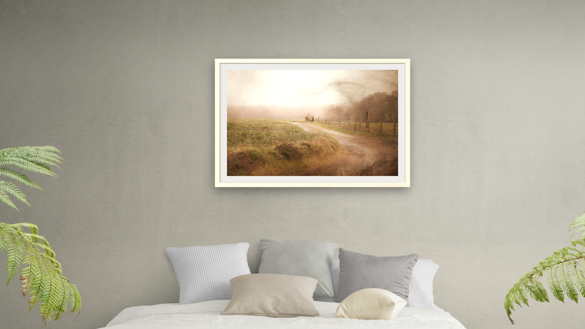 Early Rise by Brandon Luther, shown at 28 × 42 in (71.1 × 106.7 cm) in Ramino Opaque White, bedroom