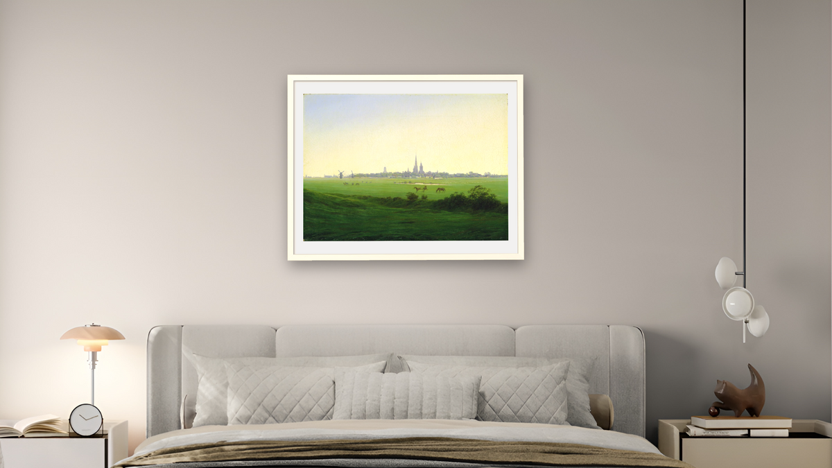 Meadows near Greifswald (oil on canvas) by Caspar David Friedrich, shown at 30 × 40 in (76.2 × 101.6 cm) in Ramino Opaque White, bedroom