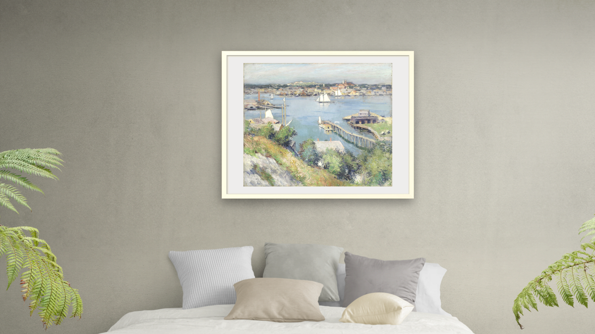 Gloucester Harbor by Willard LeRoy Metcalf, shown at 32 × 40 in (81.3 × 101.6 cm) in Ramino Opaque White, bedroom
