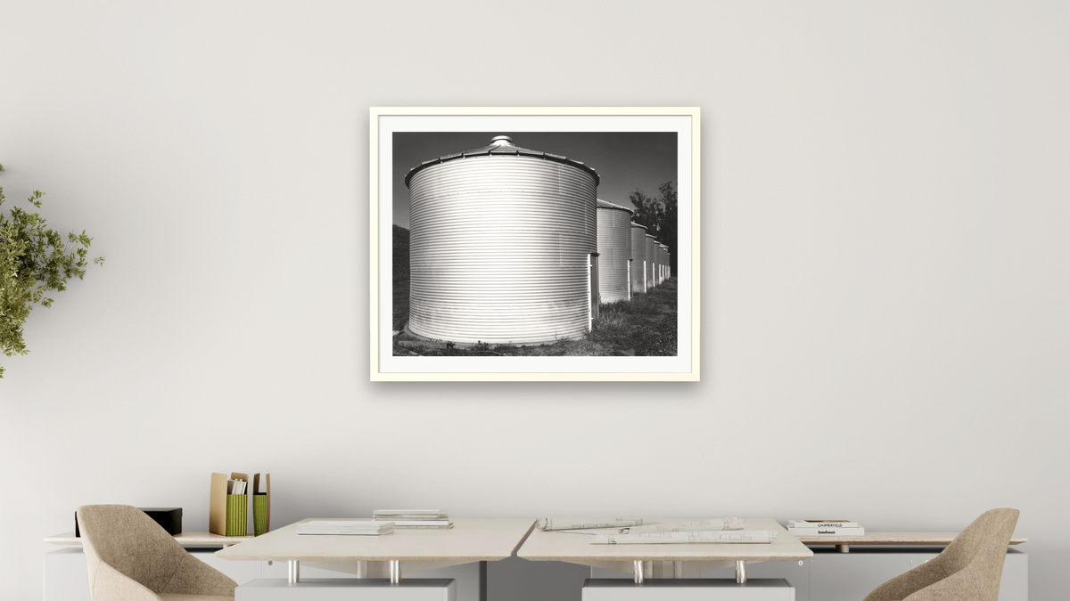 Butler Silos #1 by Gordon Osmundson, shown at 32 × 40 in (81.3 × 101.6 cm) in Ramino Opaque White, office