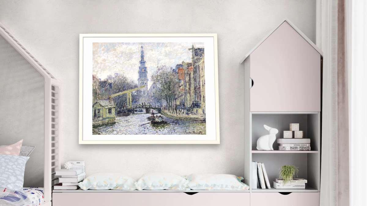 Canal, Amsterdam by Claude Monet, shown at 32 × 40 in (81.3 × 101.6 cm) in Ramino Opaque White, bedroom