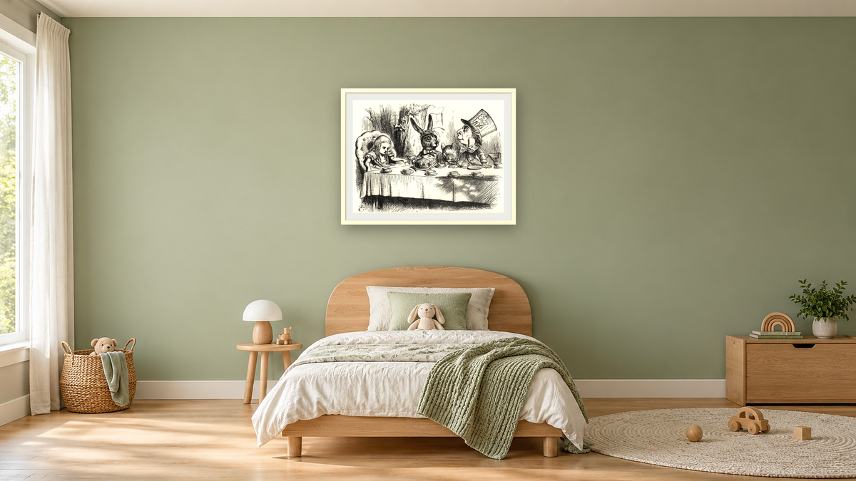 The Mad Hatter's Tea Party, illustration from 'Alice's Adventures in Wonderland', by Lewis Carroll by John Tenniel, shown at 30 × 40 in (76.2 × 101.6 cm) in Ramino Opaque White, kids' room