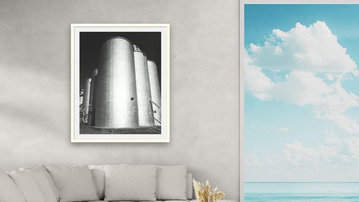 Arbuckle Warehouse #3 by Gordon Osmundson, shown at 32 × 40 in (81.3 × 101.6 cm) in Ramino Opaque White, living