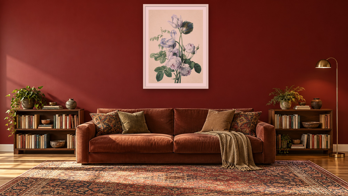 Tulips and Roses by Pierre Joseph Redouté, shown at 30 × 40 in (76.2 × 101.6 cm) in Ramino Opaque White, library