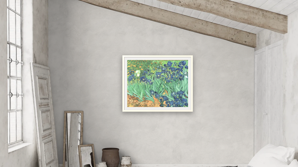 Irises by Vincent van Gogh, shown at 32 × 40 in (81.3 × 101.6 cm) in Ramino Opaque White, bedroom