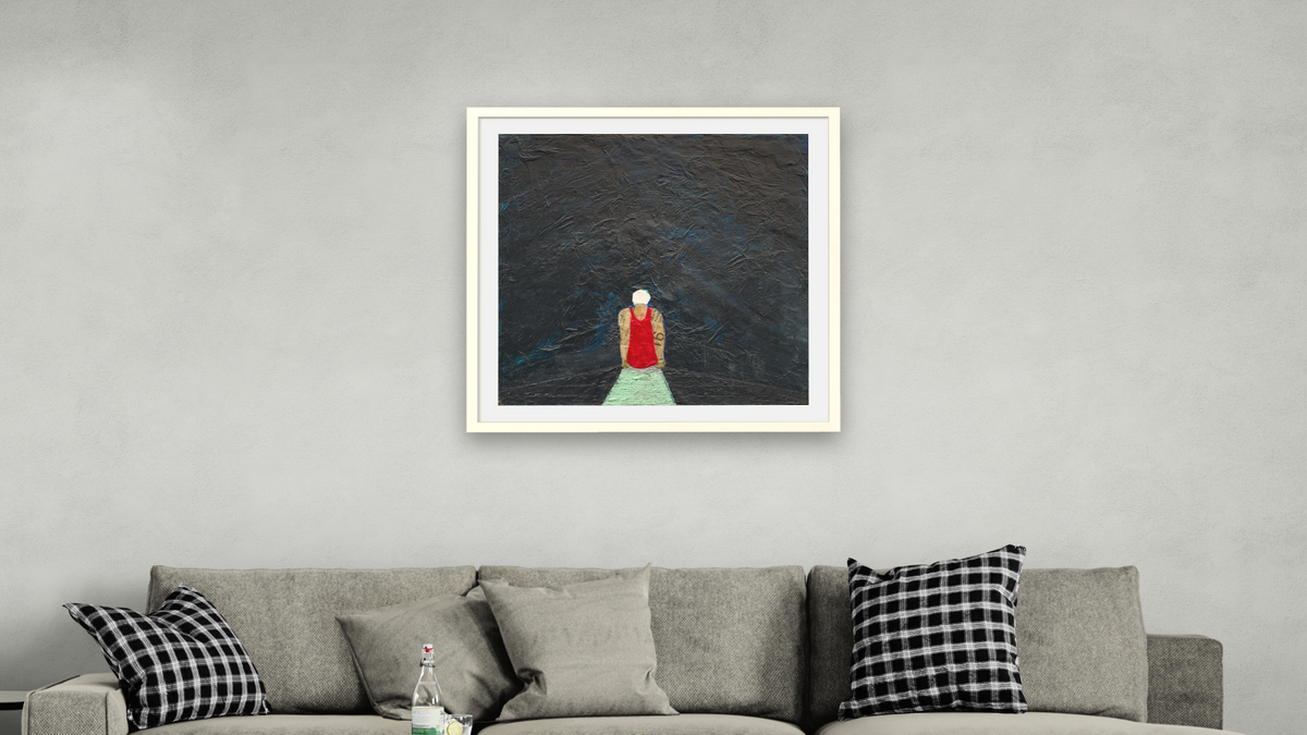 Failure to Launch by Dobee Snowber, shown at 32 × 32 in (81.3 × 81.3 cm) in Ramino Opaque White, living